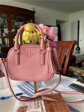 Tory Burch Pink Pebbled Leather Crossbody Satchel with Tassel